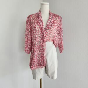 Vintage 80s Masaccio Rose Print Sheer Button Down Blouse Italian Vintage L